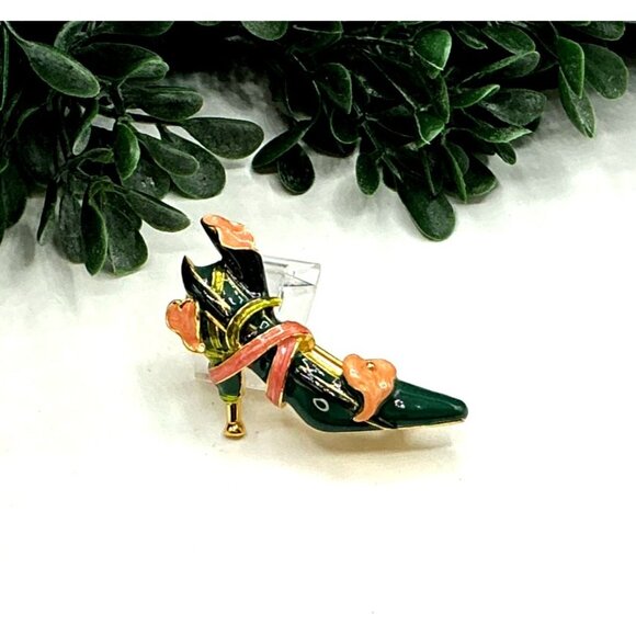 Vintage Enamel High Heel Shoe Brooch Pin Green Gold Tone - Picture 2 of 6